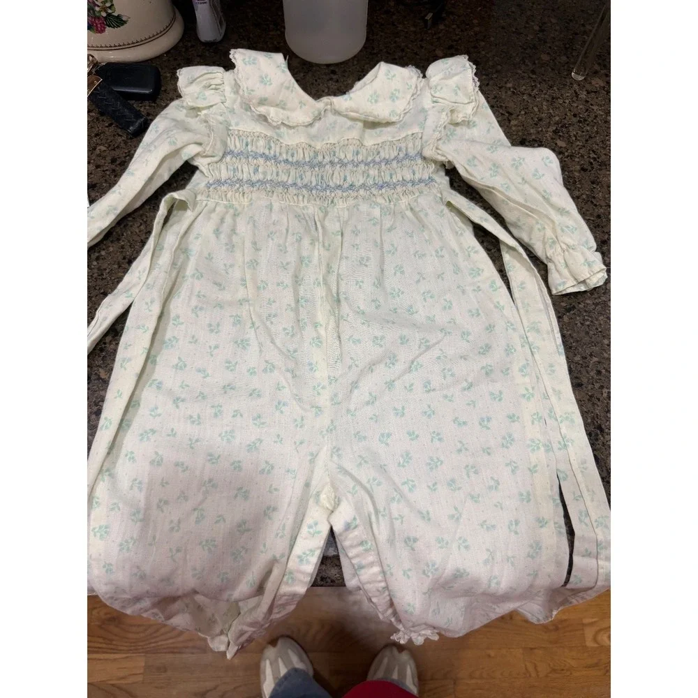 vtg polly‎ flinders one piece jumper smocked flowers girl's 18 mos